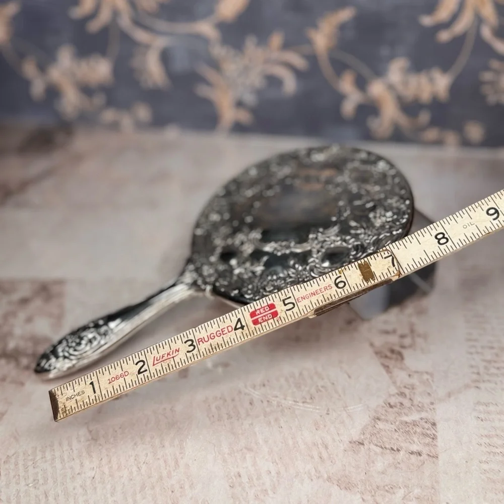 Antique Silver Plated Art Nouveau Repousse Vanity Hand Mirror